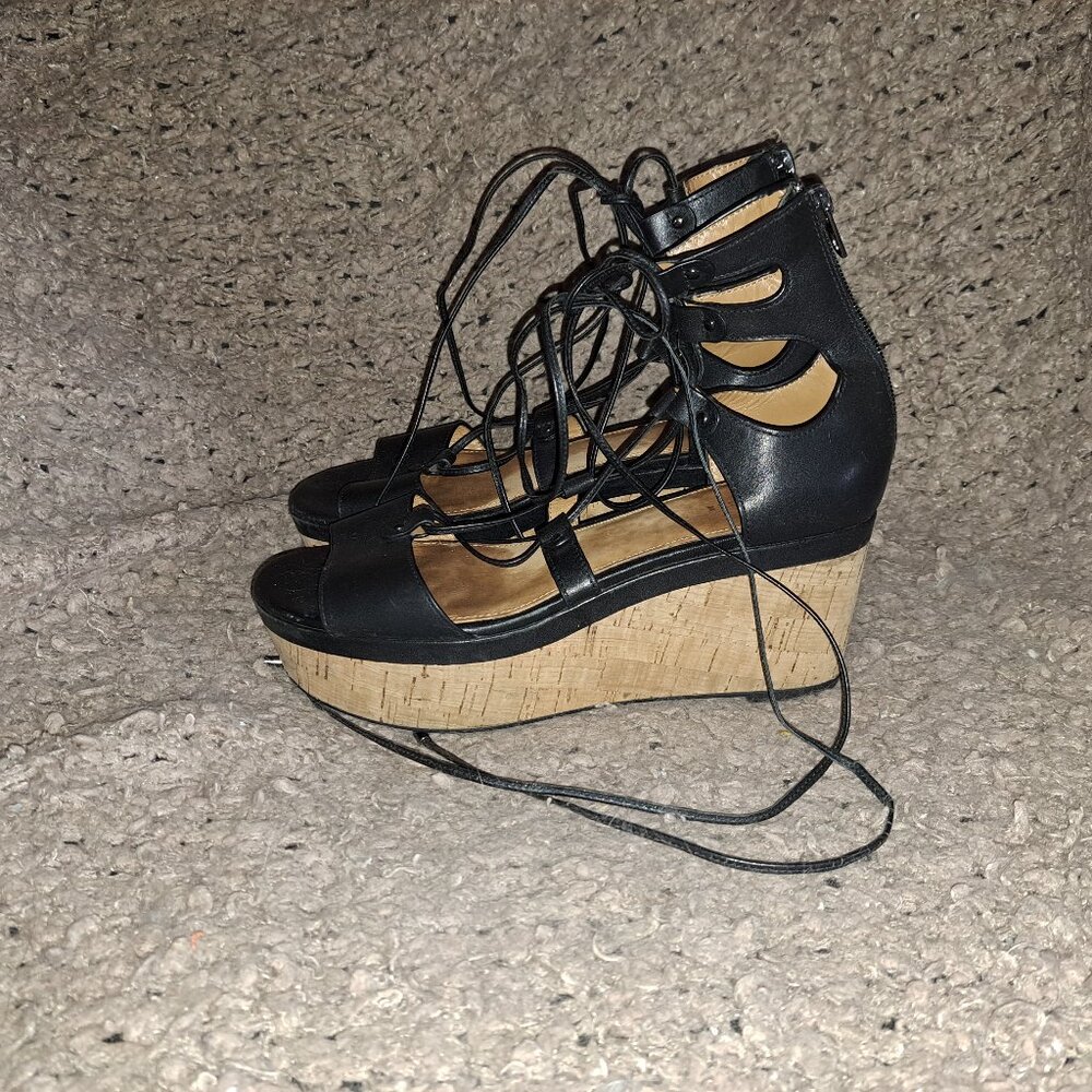 COACH-Barkley-Black Semi Matte Calf Leather Sandals-Lace Up/Back Zip-Sz 8-EX